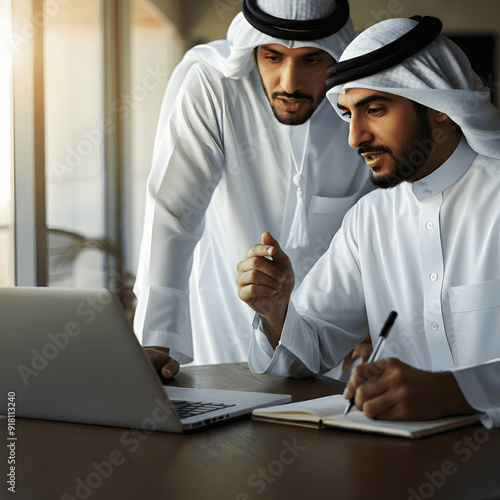 Two Arab / saudi business man working on laptop computer, discussing project in laptop at meeting
