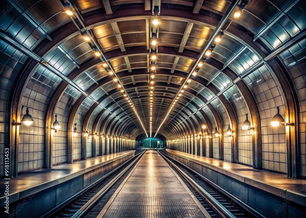 Moody, dimly-lit subway tunnel with soft, blurred lights and sleek, modern architecture, evoking a sense of sophisticated mystery and urban refinement. Moody, dimly-lit subway tunnel with soft, blurred lights and sleek, modern architecture, evoking a sense of sophisticated mystery and urban refinement.
