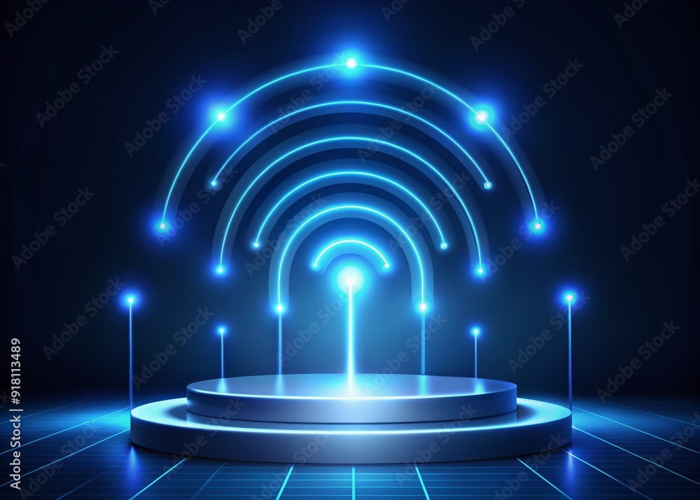 Obraz premium 3D realistic technology digital cyberpunk podium display neon lighting with glow neon colors lines with lighting effect perspective on dark blue background . 5G network high speed internet wireless