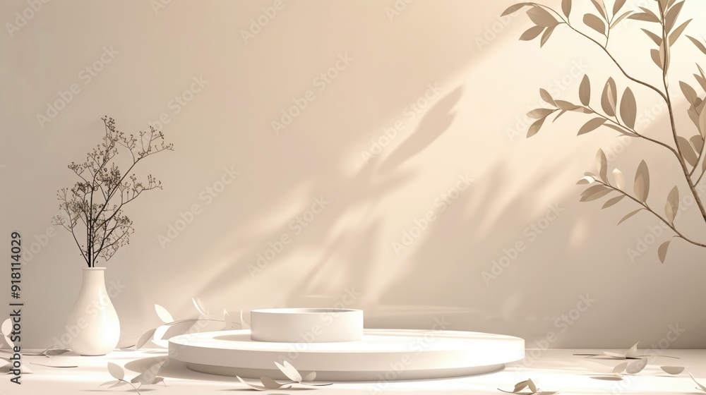 Minimalist Design with Podium and Leaves - Clean Background Minimalist Design with Podium and Leaves - Clean Background