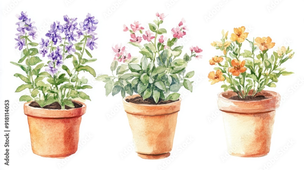 Watercolor illustrations of houseplant pots with blossoming flowers, showcasing the beauty of spring and summer gardening. Watercolor illustrations of houseplant pots with blossoming flowers, showcasing the beauty of spring and summer gardening.