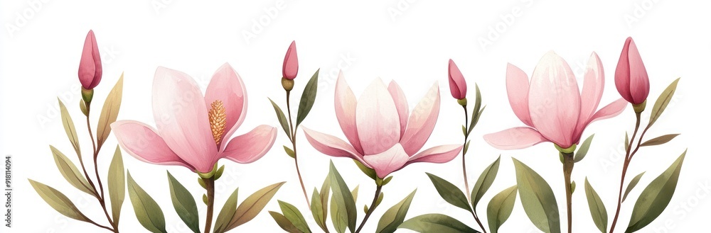 Delicate pink magnolia flowers with lush green leaves, perfect for spring themes and nature-inspired designs. Delicate pink magnolia flowers with lush green leaves, perfect for spring themes and nature-inspired designs.