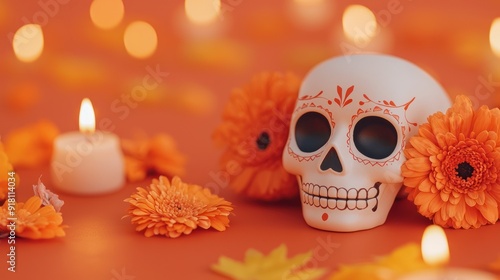 Colorful skull surrounded by marigold flowers and candles, creating a vibrant atmosphere for celebration and remembrance. day of the dead concept. photo