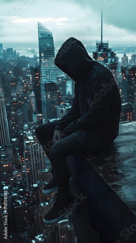 A hooded man sitting on the edge of an apartment building overlooking buildings in New York City, wearing all black , in the style of a dark cinematic shot.