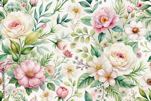Wallpaper Mural Delicate blooming flowers and lush greenery dance across a soft, dreamy background in a stunning seamless watercolor floral print, perfect for repeating patterns and designs. Torontodigital.ca