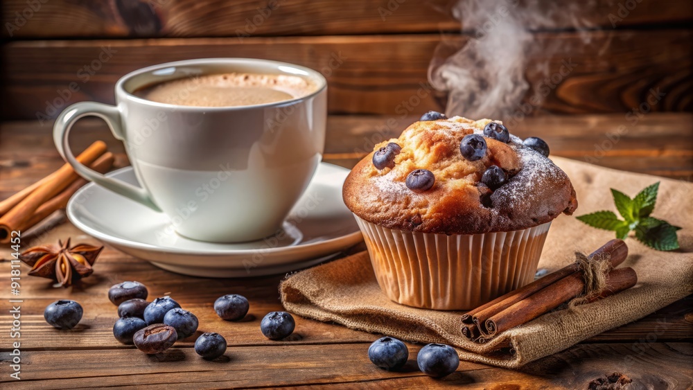 A warm and inviting breakfast setup featuring a freshly baked blueberry muffin surrounded by steaming hot coffee, creamy milk, and a sprinkle of sugar. A warm and inviting breakfast setup featuring a freshly baked blueberry muffin surrounded by steaming hot coffee, creamy milk, and a sprinkle of sugar.