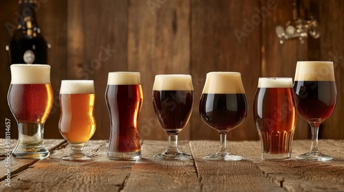 An assortment of different beer types, including ales, lagers, and stouts, displayed on a bar or table with a neutral background, showcasing their diversity and appeal.