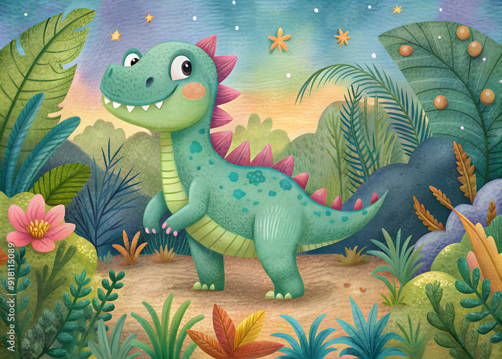 Fototapeta premium Cute Baby Dinosaur Illustration, Print For Kids Products, Bright Colorful Drawing Kids Illustration, flat cartton style
