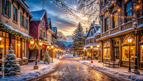 Snowflakes gently fall on a quaint Main Street lined with charming boutiques and cafes, adorned with festive decorations and twinkling lights in a peaceful winter scene.