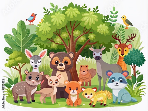 Fototapeta Naklejka Na Ścianę i Meble -  Whimsical flat vector illustrations of cute wild animals in forest scenery surrounded by lush green trees, isolated on white background, perfect for design projects.