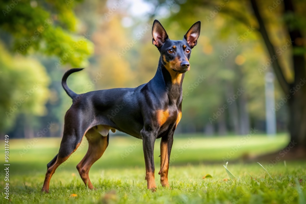 Small, dark-coated Manchester Terrier dog with erect ears and docked tail, standing in a park, looking curious, with a lively and energetic expression. Small, dark-coated Manchester Terrier dog with erect ears and docked tail, standing in a park, looking curious, with a lively and energetic expression.