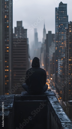 A hooded man sitting on the edge of an apartment building overlooking buildings in New York City, wearing all black , in the style of a dark cinematic shot.