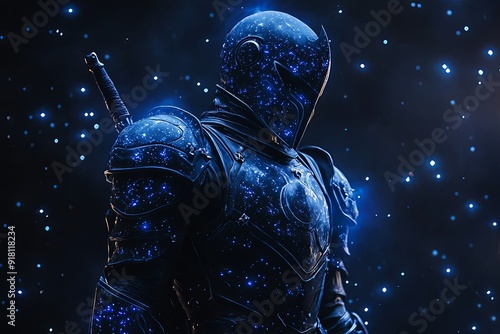 A celestial warrior dons intricate armor that sparkles like the night sky, poised for an imminent confrontation. Generative AI