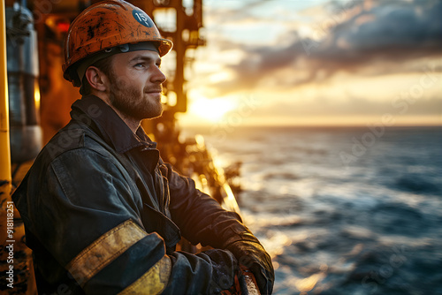 Portrait of a oil rig worker. Professional concept. 