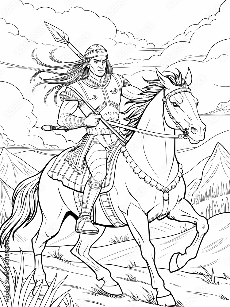 Fototapeta premium Native American Warrior on Horseback Coloring Page