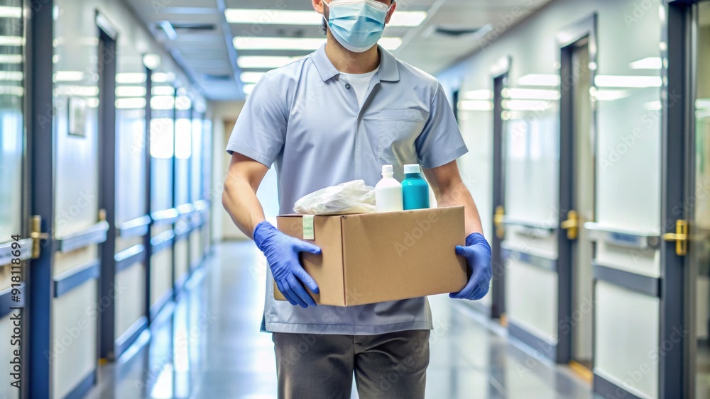 Courier carrying medical supply box with gloves, syringes, and bandages, walking into a hospital or clinic, with a blurred background of healthcare facility corridors. Courier carrying medical supply box with gloves, syringes, and bandages, walking into a hospital or clinic, with a blurred background of healthcare facility corridors.