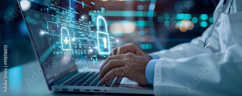 Doctor Typing on Laptop with Digital Security Lock Interface