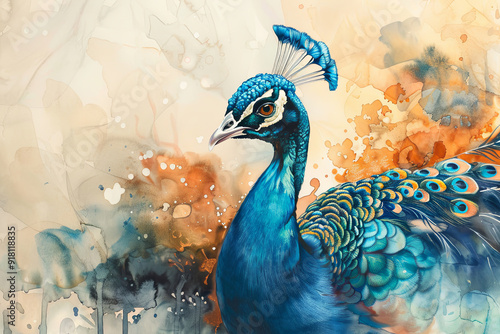A colorful peacock painting with abstract watercolor background