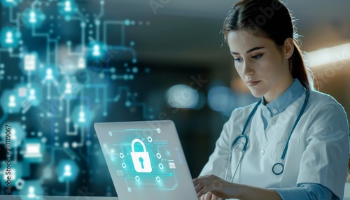 Female Doctor Working on Secure Laptop with Digital Security Icon