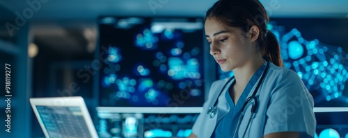 Focused Doctor Working on Laptop in Blue Lit Medical Office photo