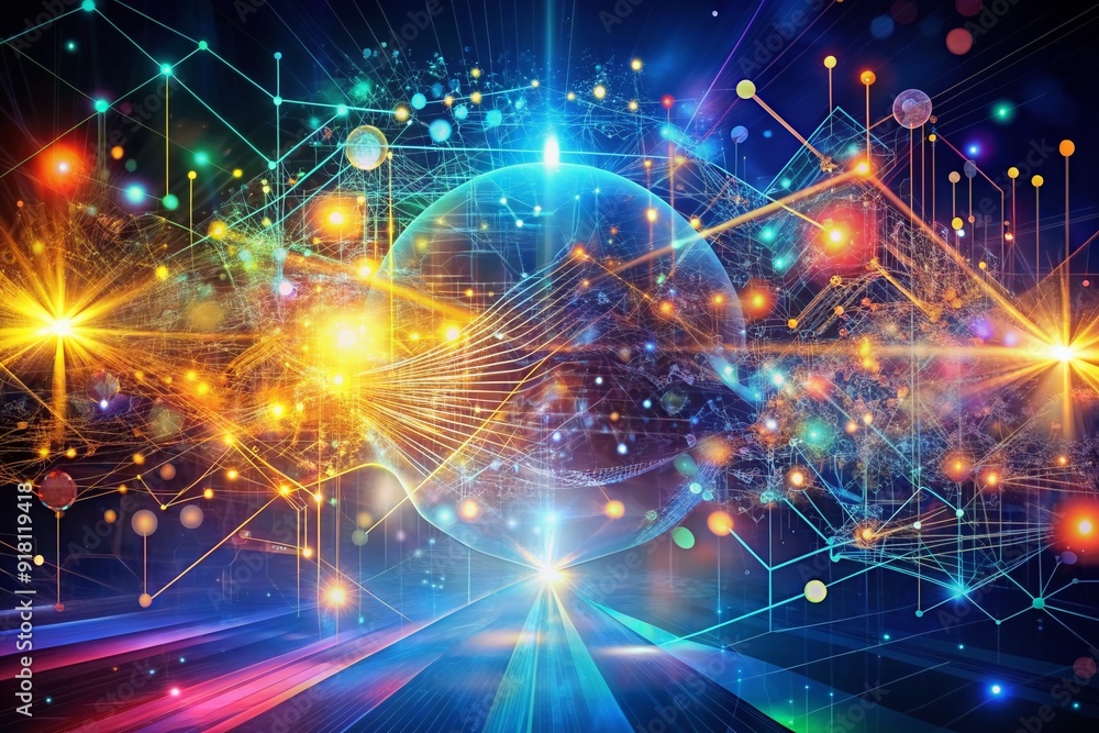 Obraz premium Vibrant futuristic digital graphic abstract background depicting technological processes, neural networks, and particle flow, representing fundamentals of artificial intelligence and data storage.