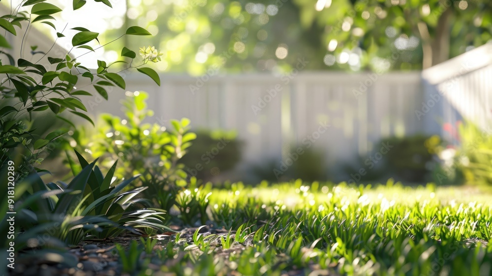 Blurred yard with white fence and plants Blurred yard with white fence and plants