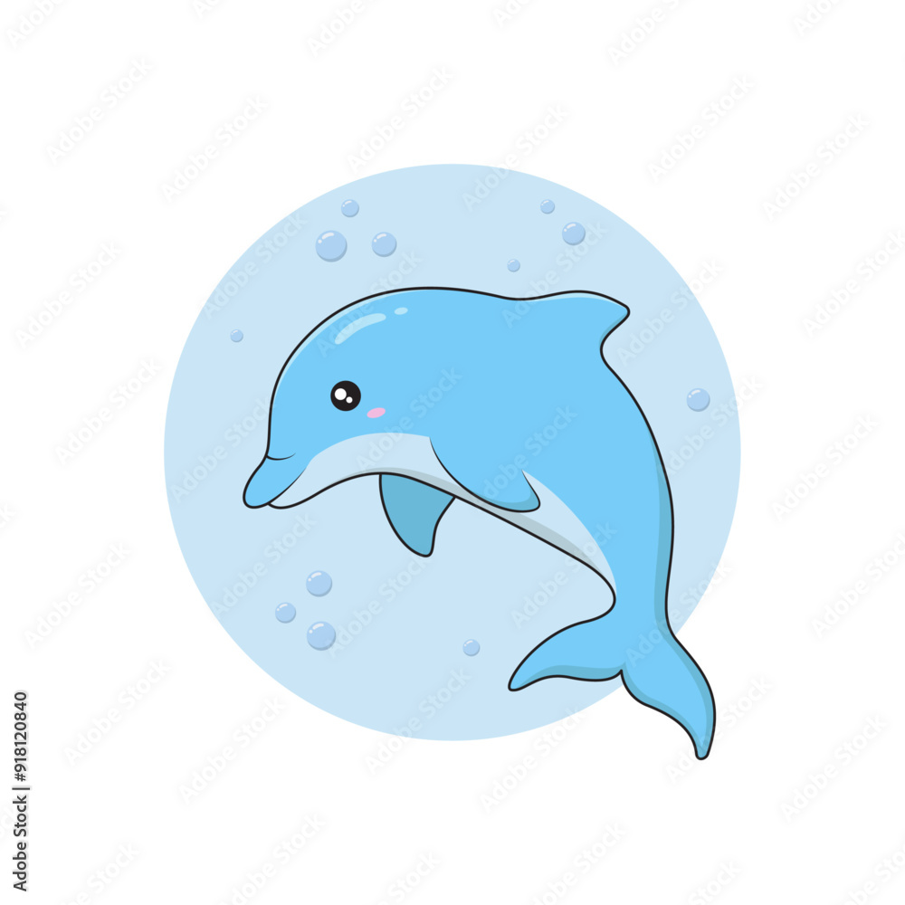 Cute Baby Dolphin with Little Bubbles around on Blue Circle Background Vector Illustration. Blue Cartoon Character from Undersea World. Underwater Life. Cute Baby Dolphin with Little Bubbles around on Blue Circle Background Vector Illustration. Blue Cartoon Character from Undersea World. Underwater Life.