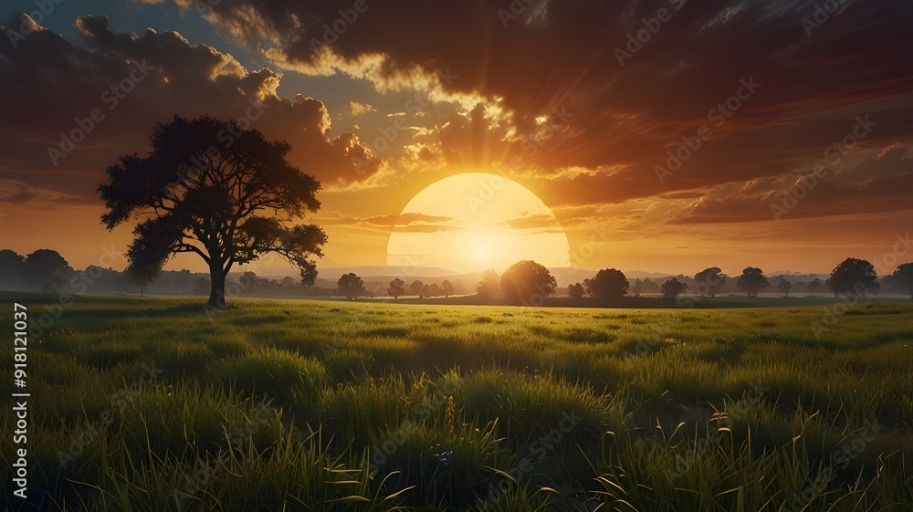 Obraz premium Dawn's Radiance: An Epic Sunrise Over a Serene Grassland