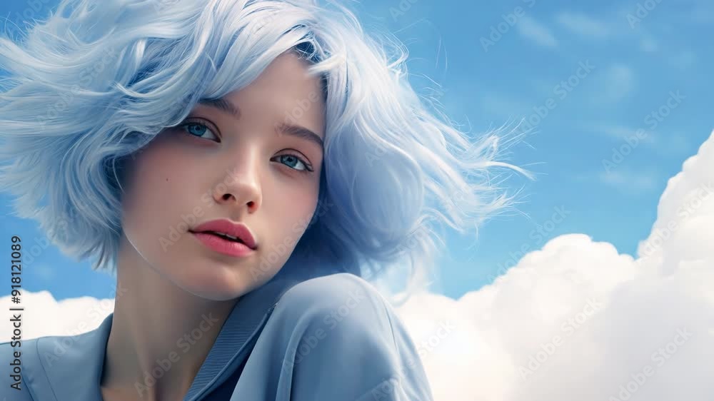 Young Woman With Light Blue Hair Posing Against a Cloudy Blue Sky Young Woman With Light Blue Hair Posing Against a Cloudy Blue Sky