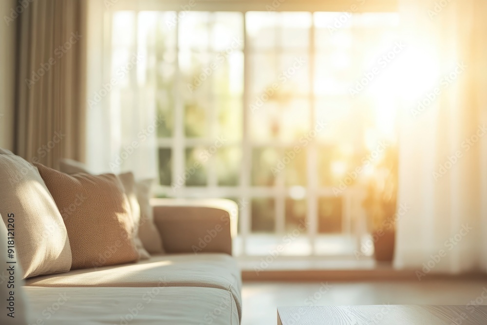 Fototapeta premium Blur living room at home with morning sunlight at big window for background usage. blur interior background concept. white, britht tone with generative ai