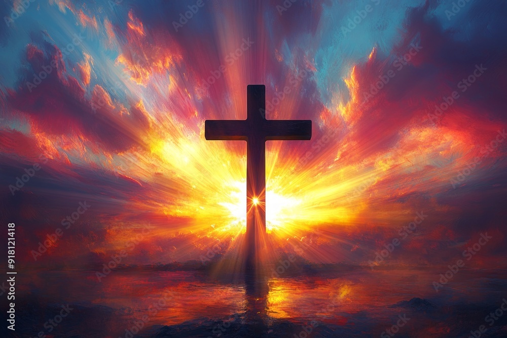 Cross Sunset Serenity Christianity Religion Spiritual Symbol - Generative AI Cross Sunset Serenity Christianity Religion Spiritual Symbol - Generative AI