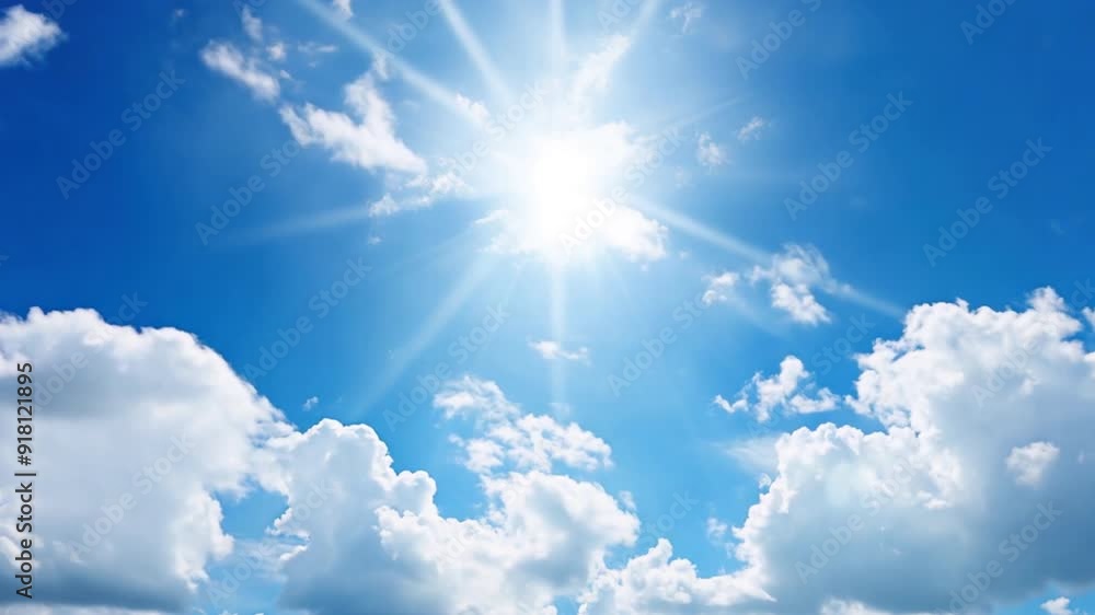 Sun with rays and glare clear blue sky and clouds Sunshine in a blue sky with white cumulus clouds in bright weather Sun with rays and glare clear blue sky and clouds Sunshine in a blue sky with white cumulus clouds in bright weather