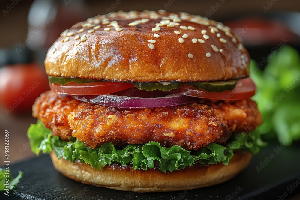 A delicious crispy chicken burger. Generative AI A delicious crispy chicken burger. Generative AI