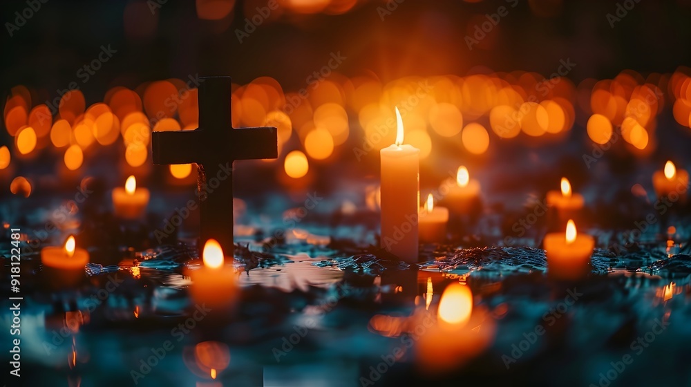 Cross Surrounded by Glowing Candles in a Reverent Spiritual Setting Cross Surrounded by Glowing Candles in a Reverent Spiritual Setting