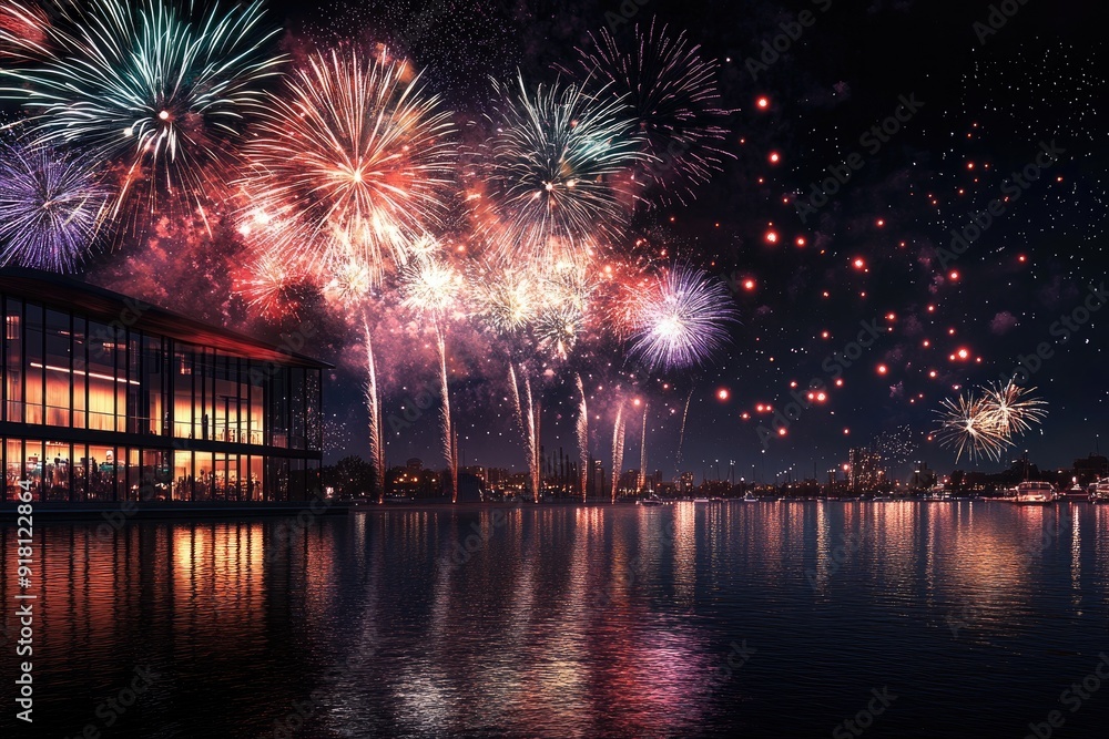 Fototapeta premium Fireworks Display Reflected in Water at Night