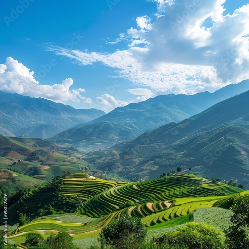 Lush green rice terraces with blue mountains and white clouds in the sky.