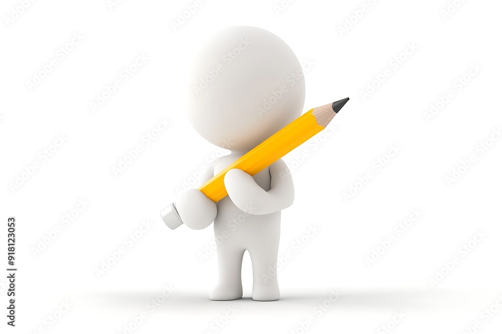 human white 3d person holding a big yellow pencil 3D illustration isolated on a white background. human white 3d person holding a big yellow pencil 3D illustration isolated on a white background.