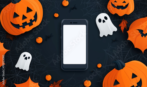 Get ready for a spooktacular Halloween sale! Grab your smartphone and treat yourself to some sweet deals, vector background photo