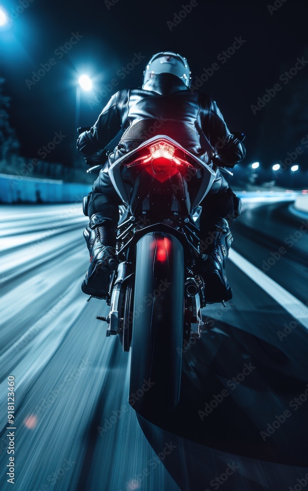 A man is riding a motorcycle on a dark road. Concept of speed and excitement, as the motorcycle is in motion and the rider is wearing leather gear A man is riding a motorcycle on a dark road. Concept of speed and excitement, as the motorcycle is in motion and the rider is wearing leather gear