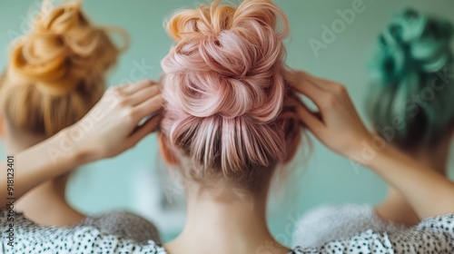 The image captures the back view of a woman with an intricate pink hair bun, flawlessly styled, highlighting the beauty and elegance of modern hair fashion trends. photo