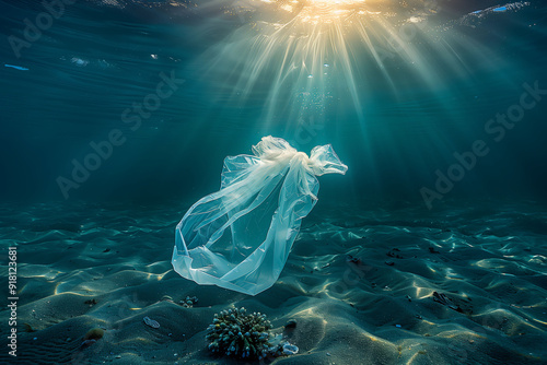 Plastic Bag Drifting Underwater in Sunlit Ocean photo