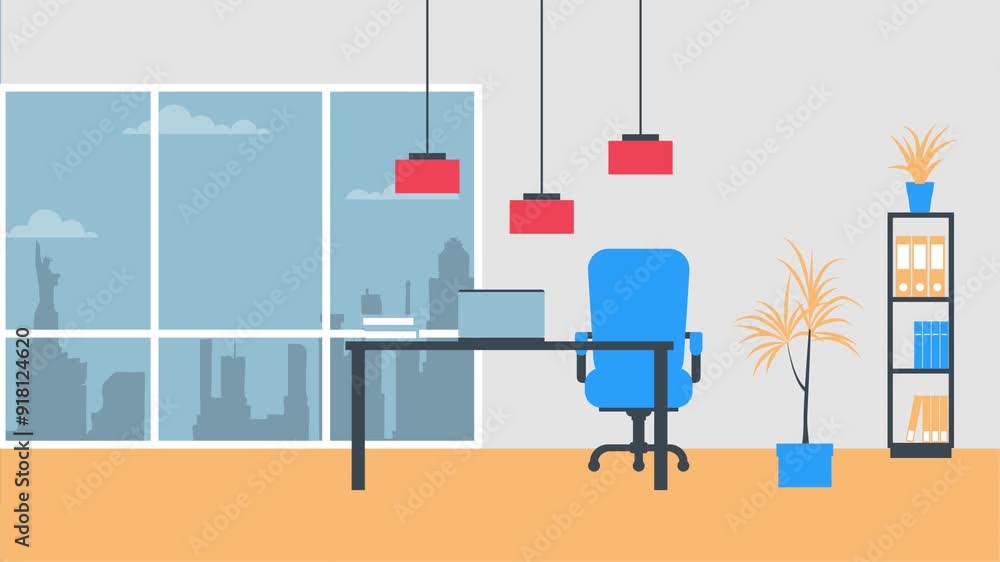 2D Motion graphics,Group of office area interior with decorative plants and hanging lamps 2D Motion graphics,Group of office area interior with decorative plants and hanging lamps