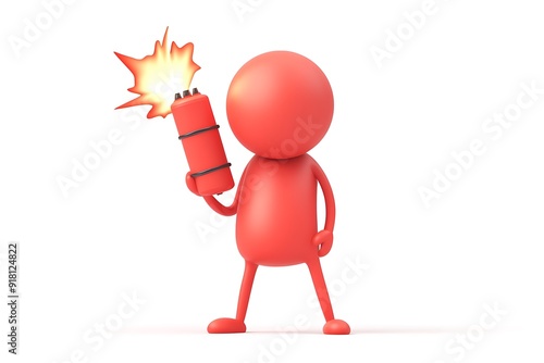 3D Character holding up big stick of dynamite. 3D rendering isolated on white.