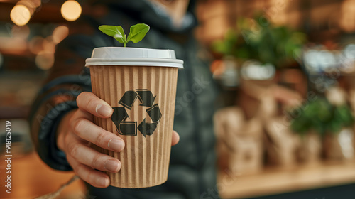 Hand Holding Recyclable Coffee Cup with Eco Symbol photo