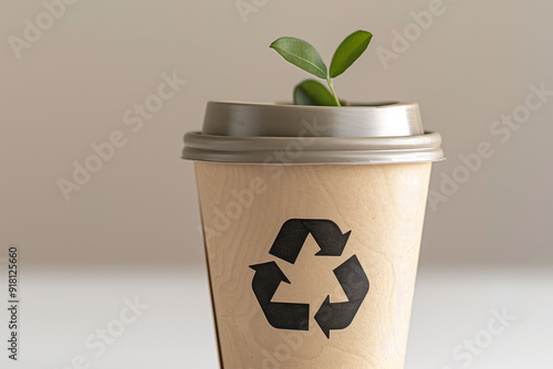 Recyclable paper coffee cup with eco-friendly symbol photo