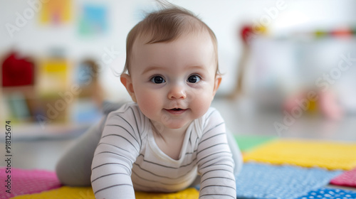 A baby child or kid happy at nursery, childcare or preschool pre K playing and crawling concept