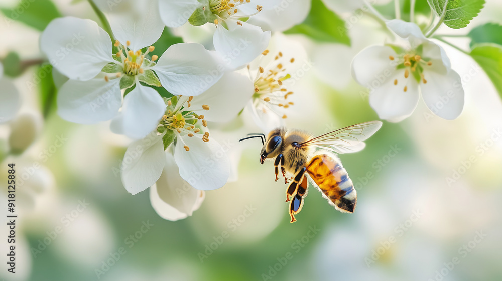 Buzzing honeybee, Apis mellifera, in mid-flight towards a cluster of delicate apple blossoms, Buzzing honeybee, Apis mellifera, in mid-flight towards a cluster of delicate apple blossoms,