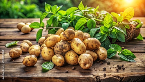 Freshly harvested pomme de terre, also known as potatoes, scattered on a rustic wooden table, surrounded by lush green leaves and earthy soil.