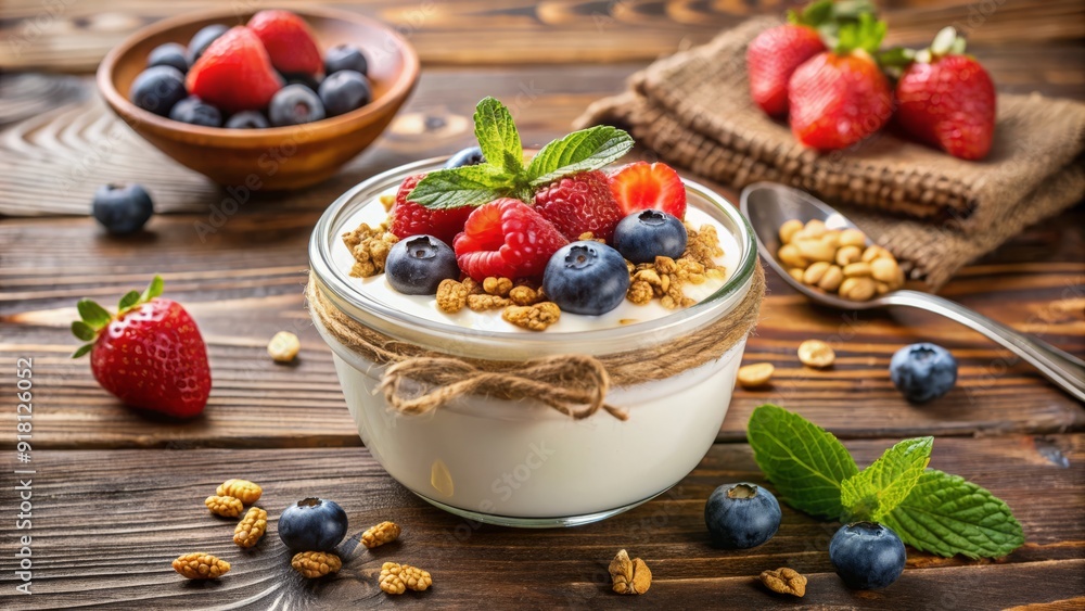 Freshly opened container of creamy white plain yogurt surrounded by fresh berries and a sprinkle of granola on a rustic wooden table. Freshly opened container of creamy white plain yogurt surrounded by fresh berries and a sprinkle of granola on a rustic wooden table.