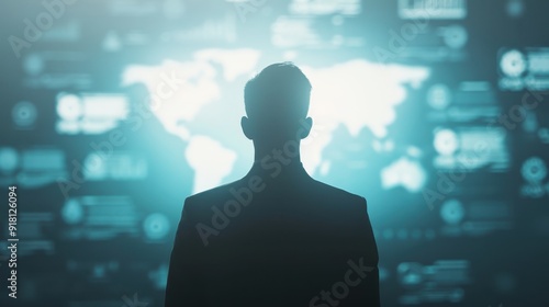 Silhouette of a business person against a digital world map background, representing global data analysis and international connectivity.